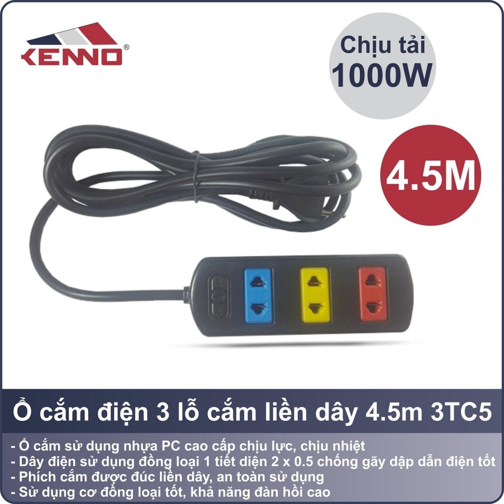 Ổ Cắm Điện Kenno 3 Lỗ Dây 4.5m Chính Hãng Chịu Tải Tốt