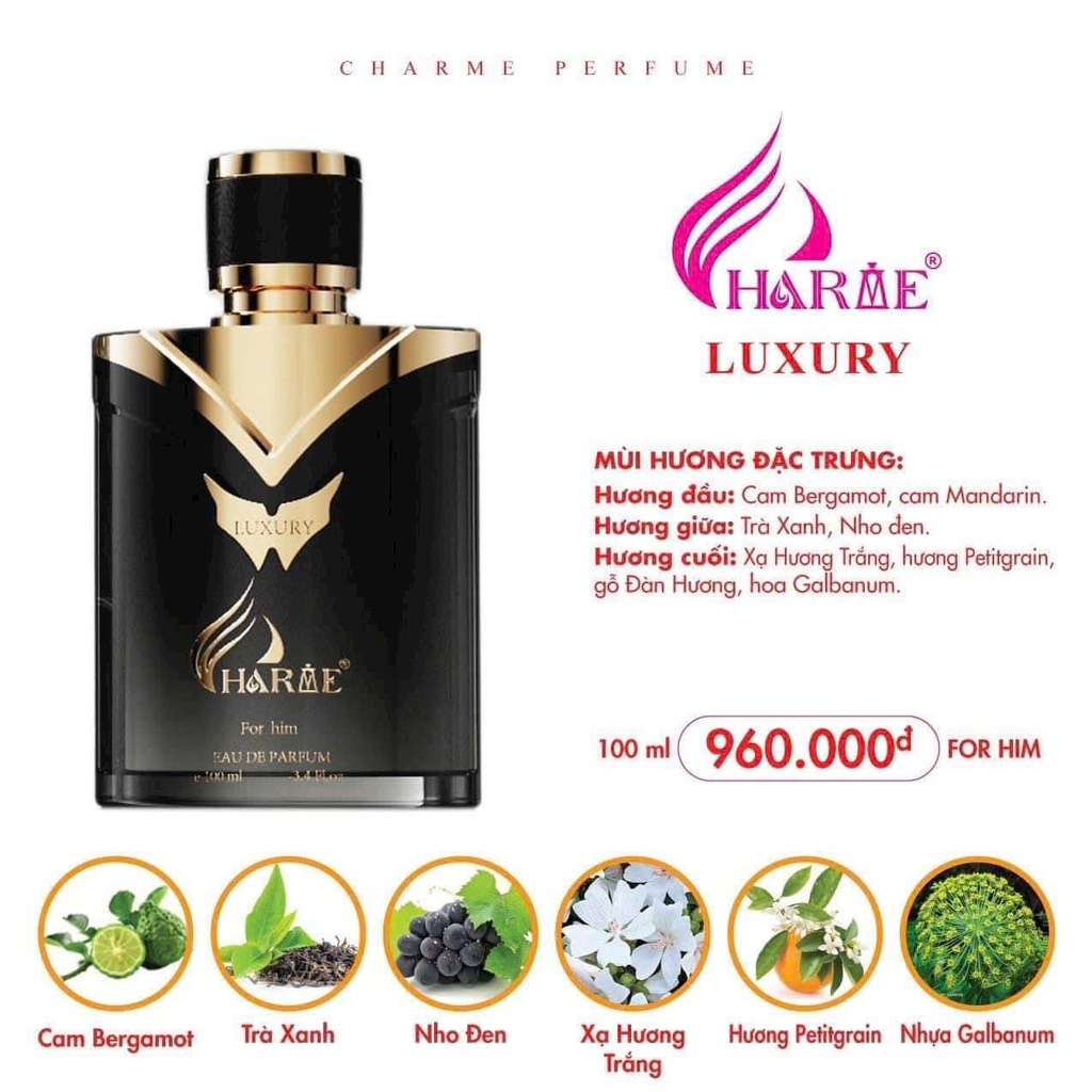 NƯỚC HOA CHARME LUXURY 100ML MỚI, LẺ CTY 960K '