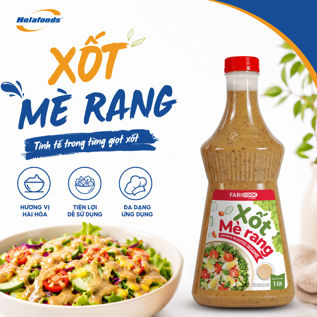 Xốt Mè Rang nhãn hiệu Faricook từ Farina | Chai 1L, Túi 1kg, Thùng 10 túi, Thùng 12 chai