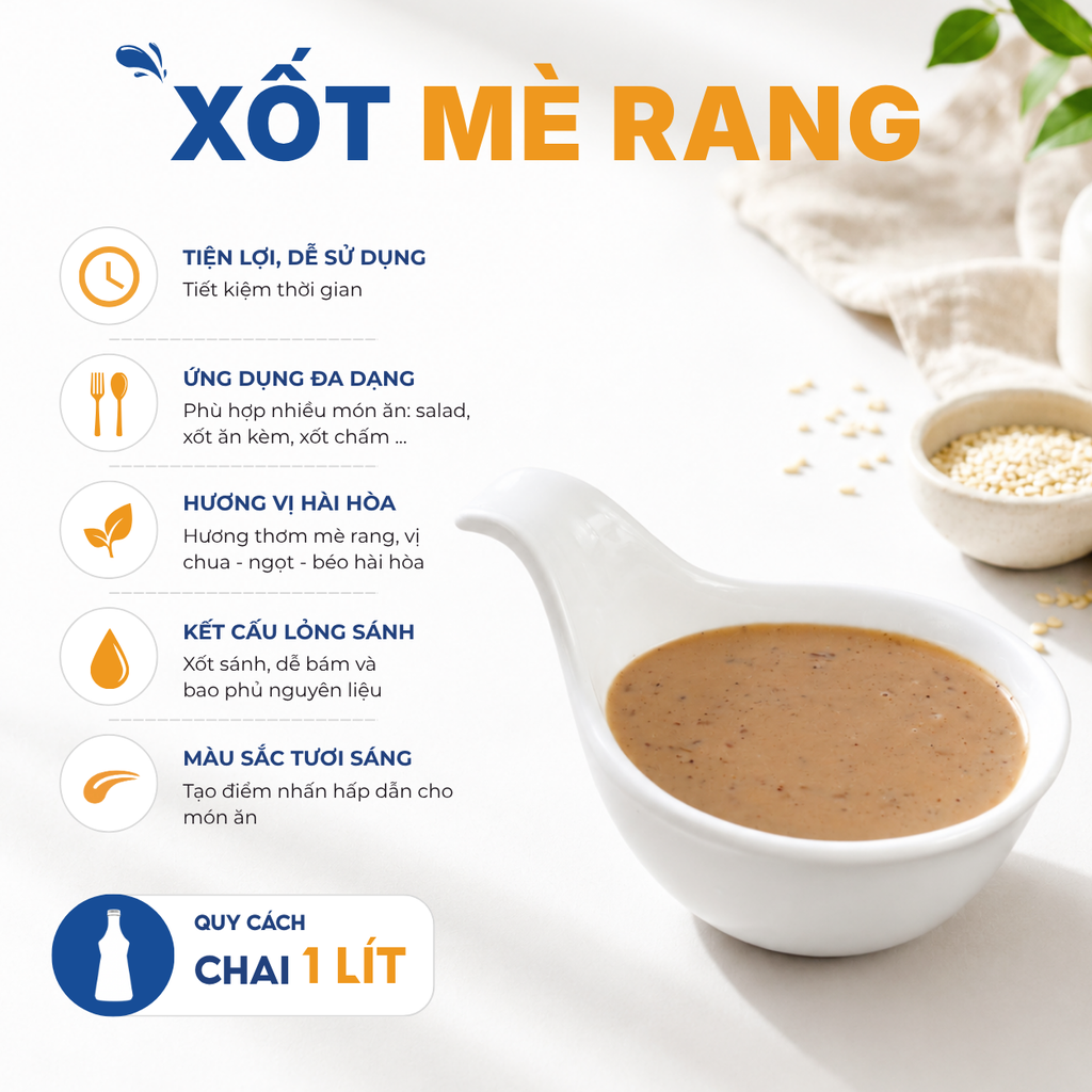 Xốt Mè Rang nhãn hiệu Faricook từ Farina | Chai 1L, Túi 1kg, Thùng 10 túi, Thùng 12 chai