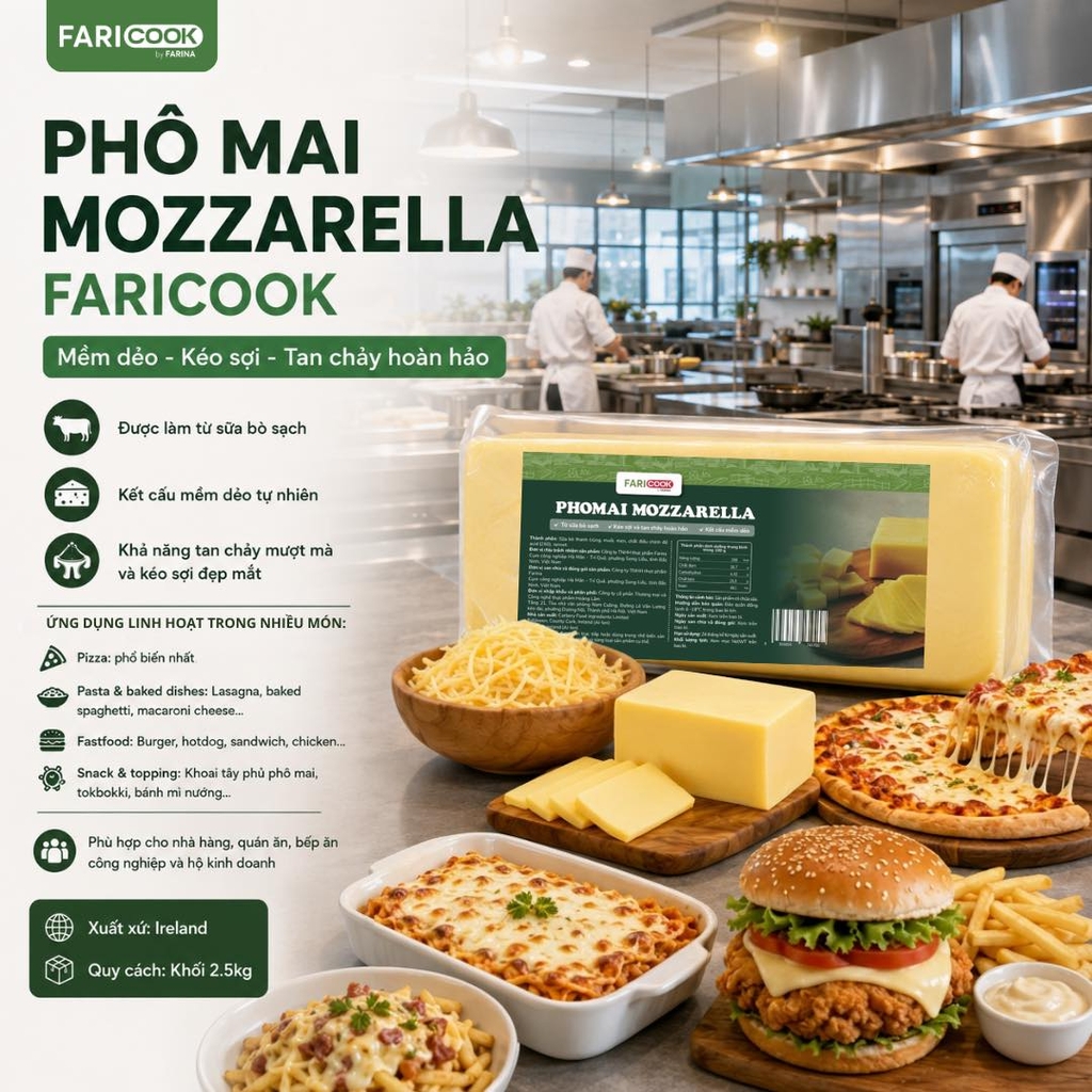 Phomai Mozzarella nhãn hiệu FariCook từ Farina | Khối 2.5kg