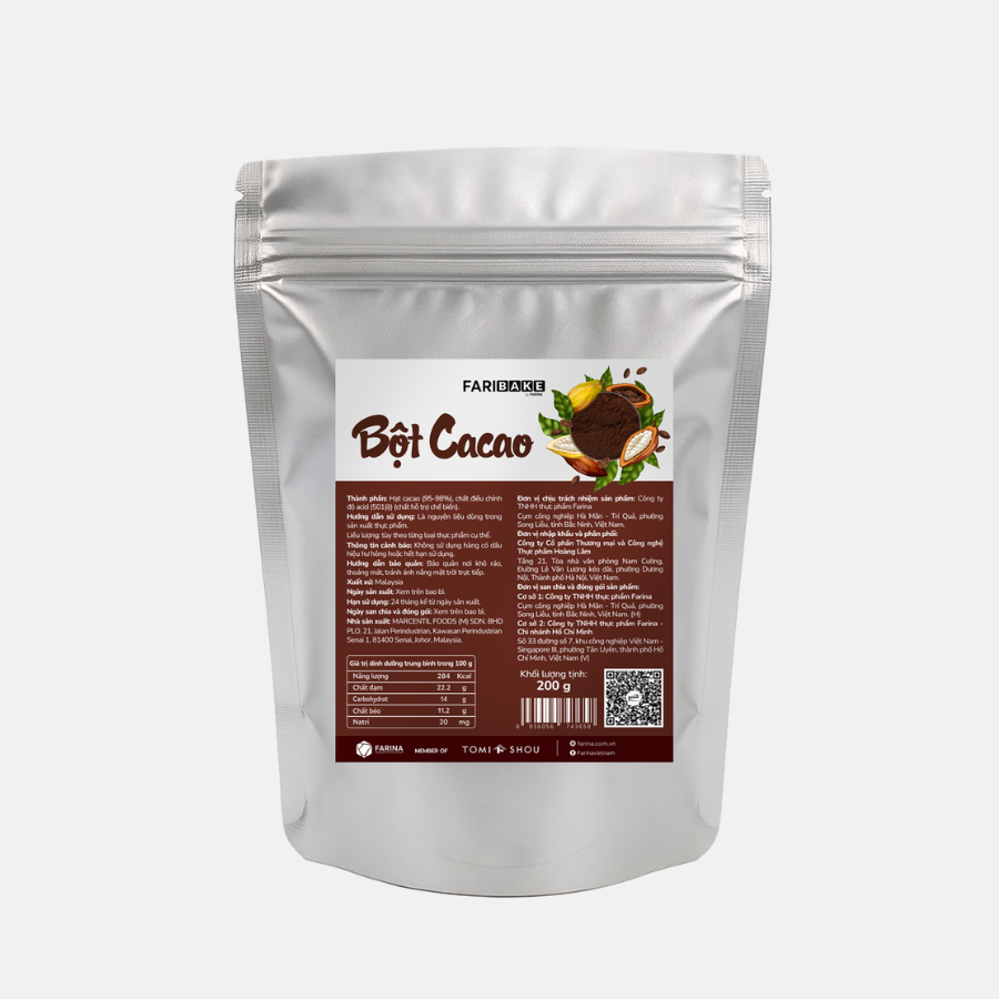 Bột Cacao FariBake nguyên chất 100% | Túi 500g, 200g