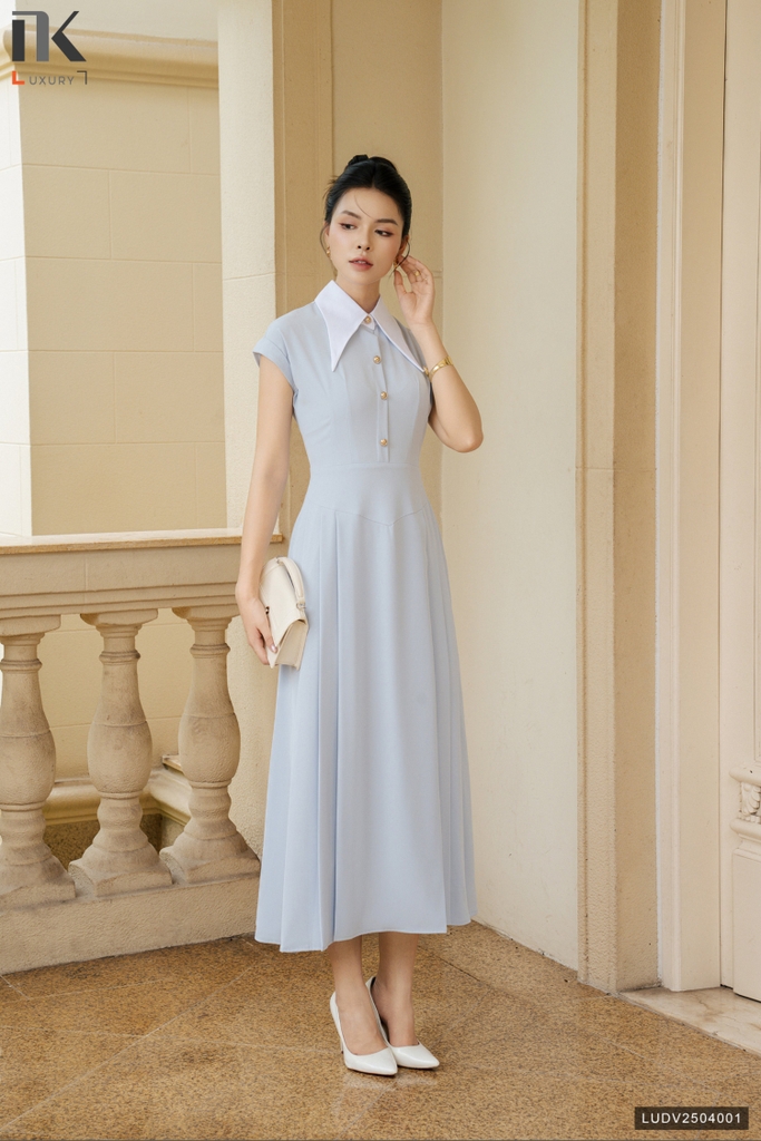 Đầm vai chờm phối cổ đơn giản mà sang LUDV2504001