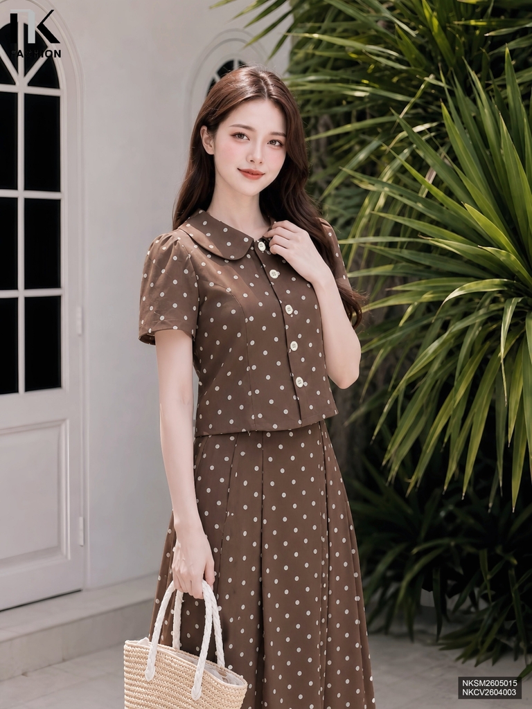 Sơ mi cổ sen chấm bi dịu dàng, ghép set điệu NKSM2605015
