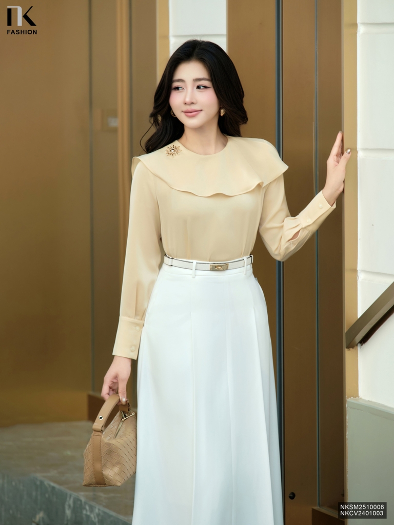 Sơ mi tiệc vạt cổ bay kiểu mới lạ, siêu sang chảnh NKSM2510006