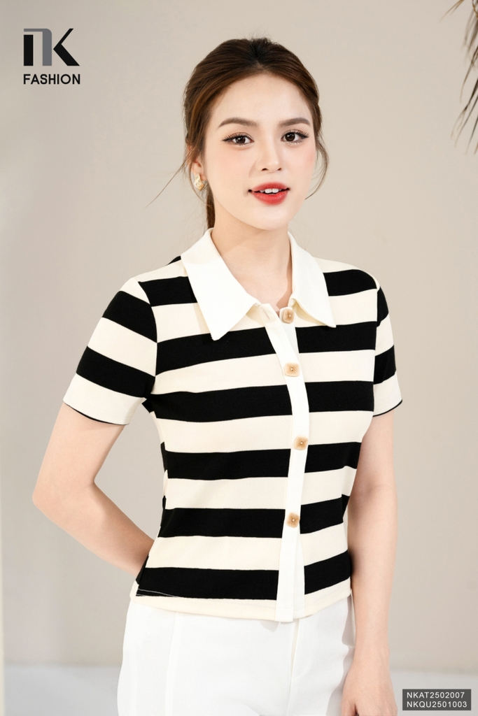 Áo thun kẻ to cúc nẹp kiểu dáng mới, trẻ trung, năng động NKAT2502007