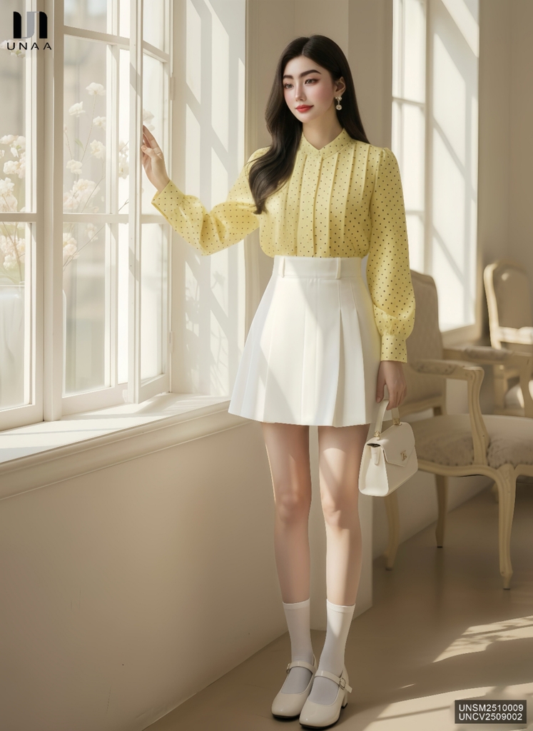 Sơ mi cổ tàu chấm bi nhẹ nhàng, thanh lịch, mềm mịn, mướt UNSM2510009