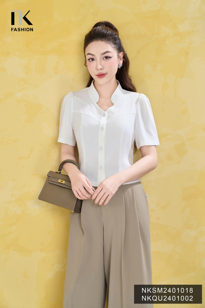 NK Fashion Áo Sơ Mi Cổ Tàu V Cúc Bọc Trẻ Trung, Thanh Lịch, Thời Trang NKSM2401018