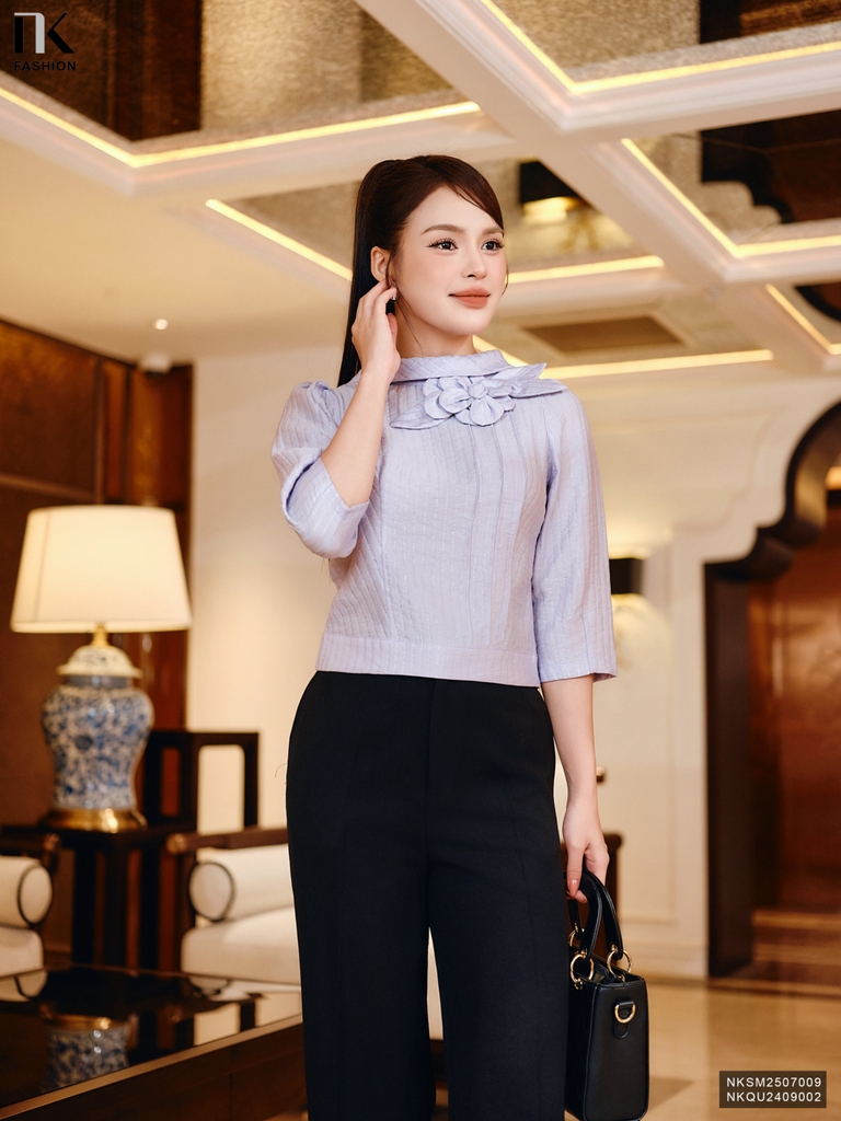Sơ mi cổ giếng hoa 3D cao cấp NKSM2507009