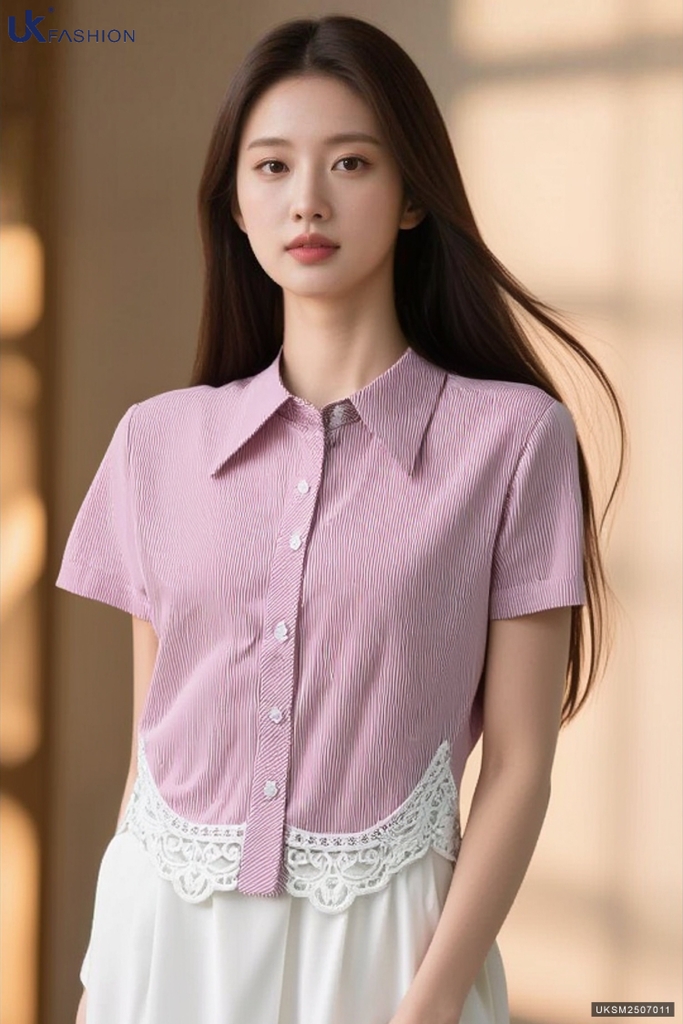 Sơ mi cộc tay ren gấu kiểu điệu đẹp UKSM2507011