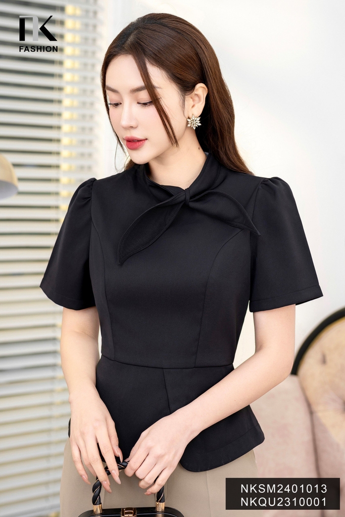 NK Fashion Áo Sơ Mi Peplum Nơ Vạt Lệch Sang Trọng, Thanh Lịch NKSM2401013