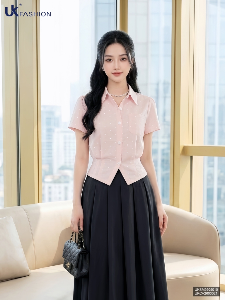 Sơ mi chấm bi cổ đức súp eo UKSM2605010 ( Áo rời ko kèm QU/CV/PK )