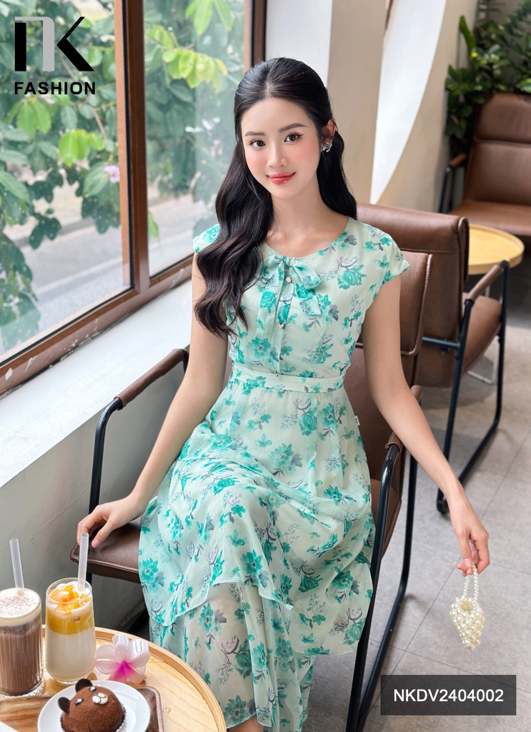 NK Fashion Đầm Xoè Vai Chờm Nơ Cổ Dịu Dàng, Thời Trang, Nữ Tính NKDV2404002