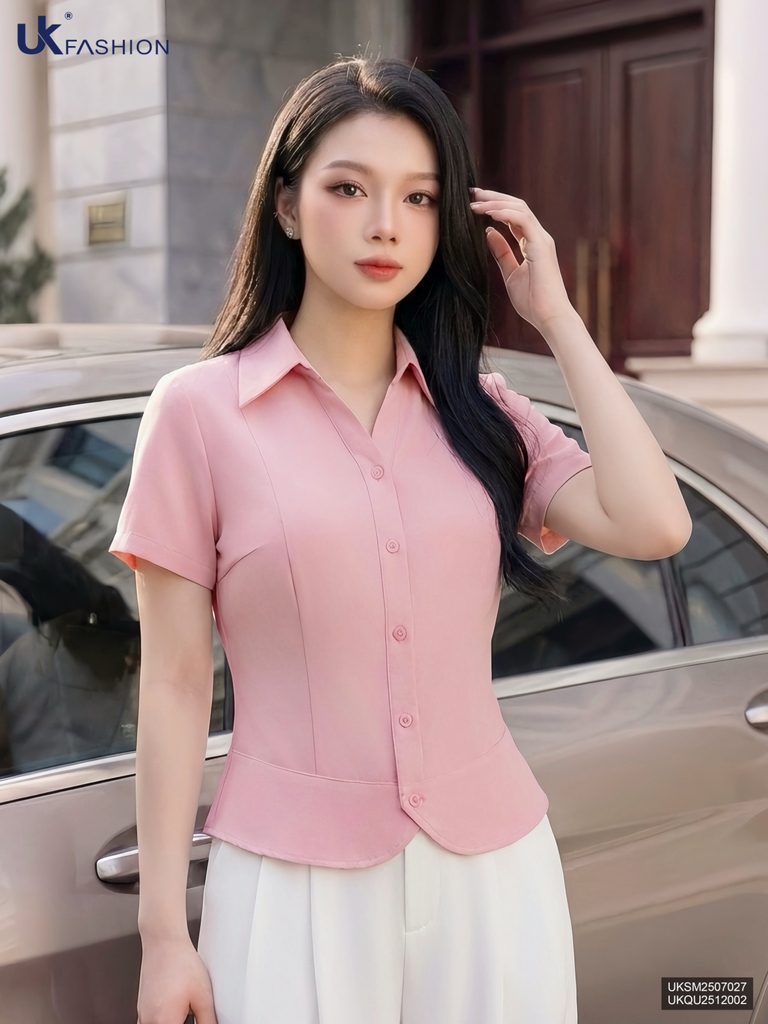 Sơ mi cổ V lá bo gấu trơn UKSM2507027