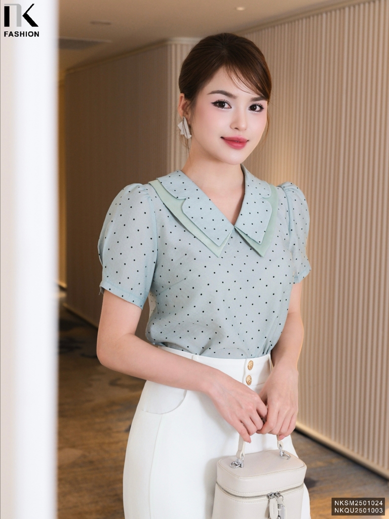 Sơ Mi Chấm Bi Phối Cổ Trẻ Trung, Thanh Lịch Chất Vải Mềm NKSM2501024