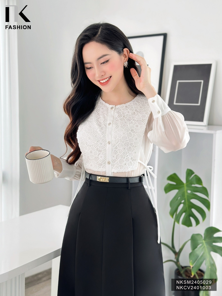 Sơ Mi Tơ Dài Tay Phối Ren NK Fashion Công Sở Nữ Thanh Lịch, Nữ Tính Vải Mềm Mịn NKSM2405029