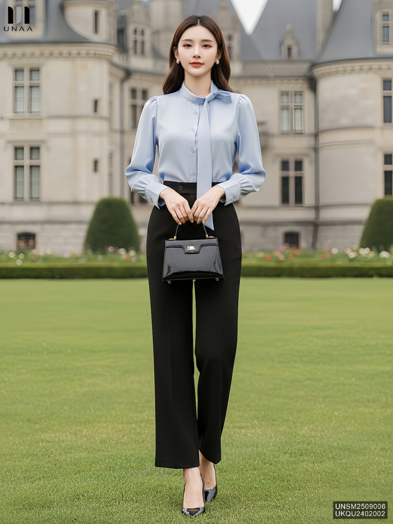 Sơ mi cổ tàu vạt nơ điệu đà, nữ tính UNSM2509006