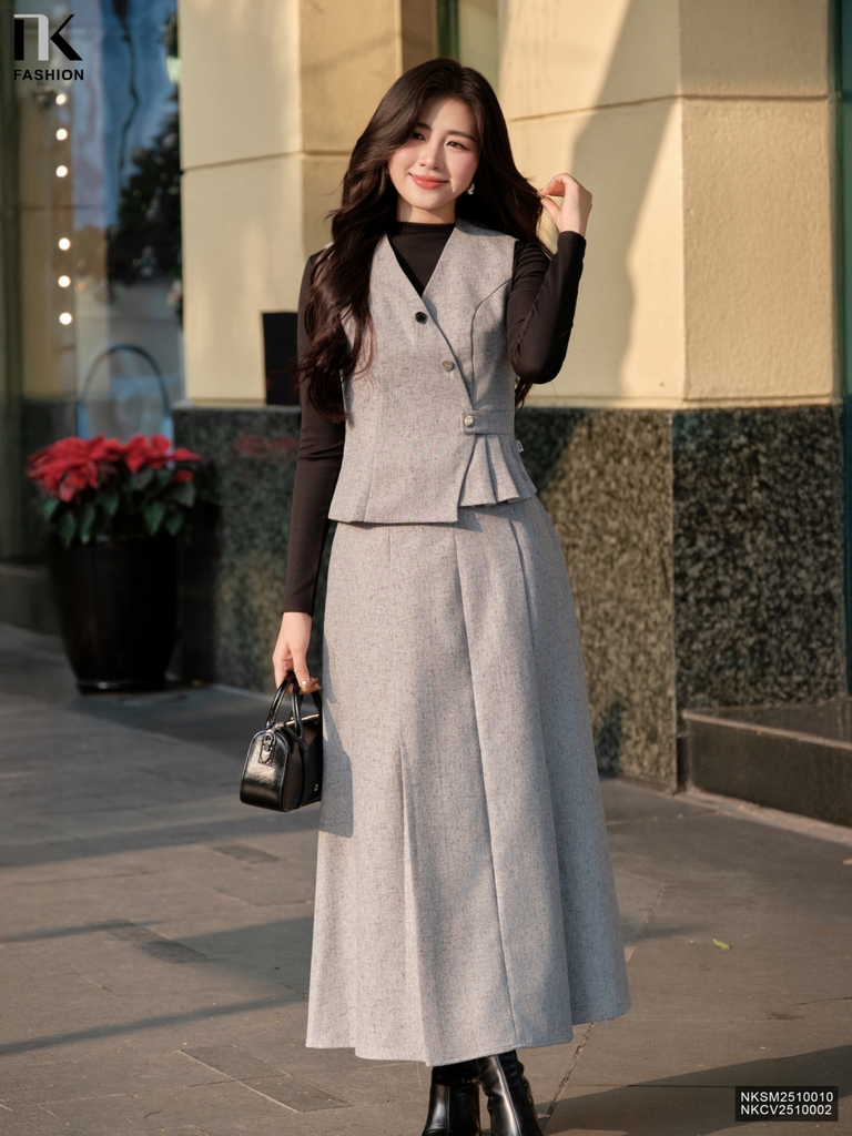 Chân váy text min dài xếp ghép set cùng màu sang mịn NKCV2510002