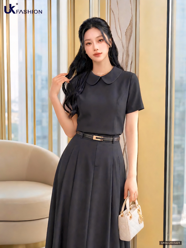 Set áo Linen cổ sen + chân váy xếp UKBD2605001 ( Bao gồm cả áo và chân váy )