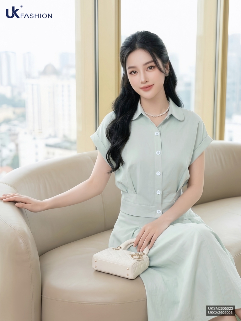 Sơ mi cổ đức tròn bo gấu trẻ, mềm mịn, nhẹ nhàng UKSM2605023 ( Không kèm chân váy + PK )