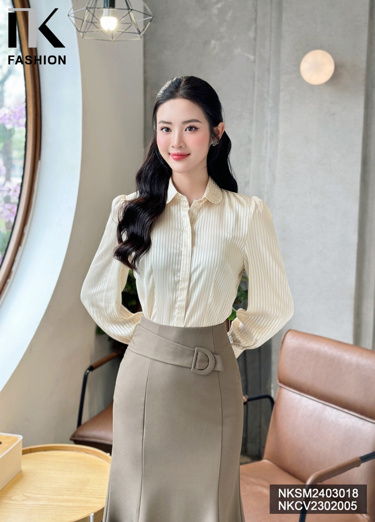 NK Fashion Áo Sơ Mi Lụa Sọc Cổ Sen Tay Bồng Sang Chảnh, Thanh Lịch NKSM2403018