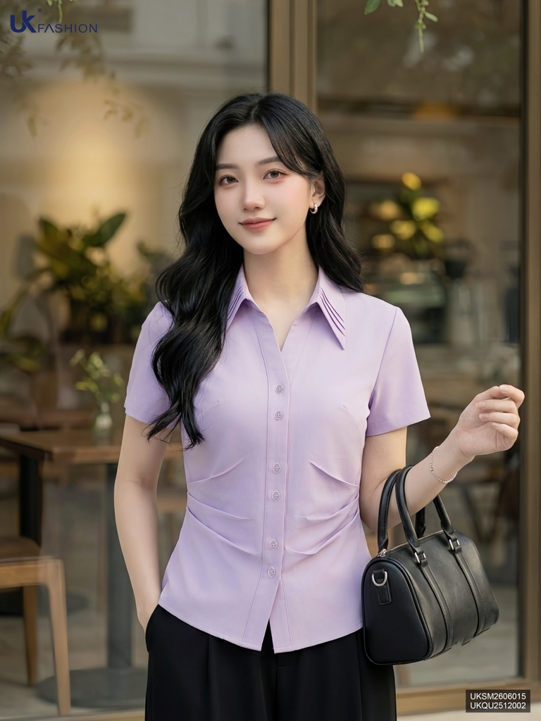 Sơ mi cổ đức V mí lá xếp eo UKSM2606015 ( Áo rời không kèm QU/CV/PK )