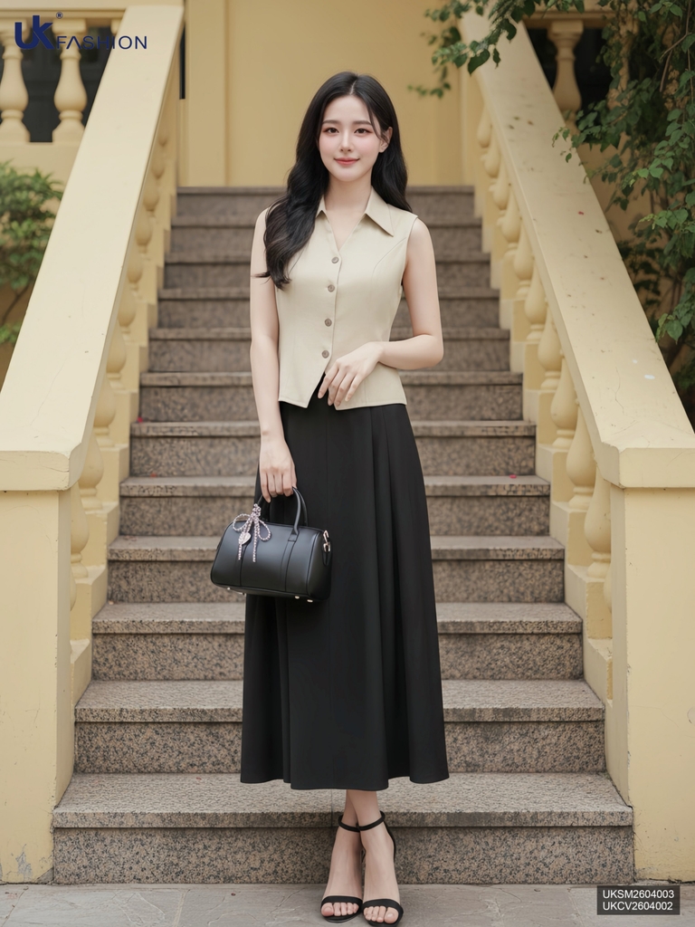 Áo Linen V cổ lá mát mẻ, trẻ trung UKSM2604003