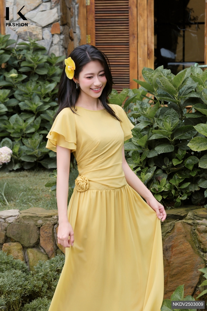 Đầm voan ánh nhún hong hoa 3D, kiểu cách mới lạ, lên dáng đẹp NKDV2503009