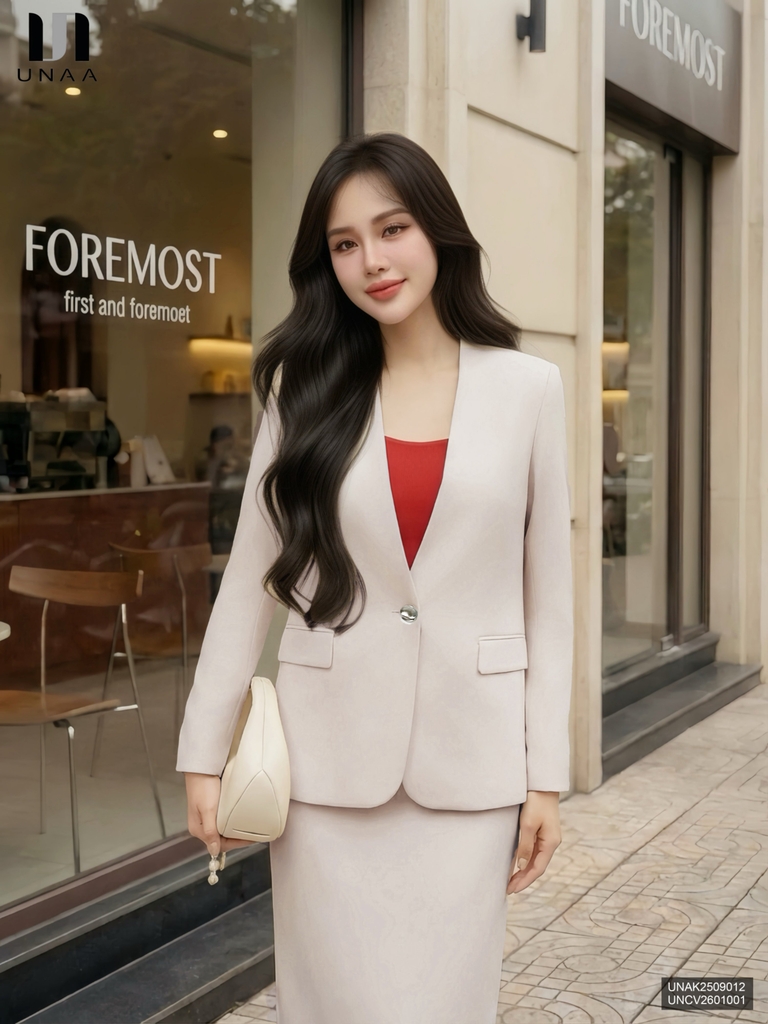 Áo vest không cổ cúc đơn sang xịn, đứng forrm UNAK2509012