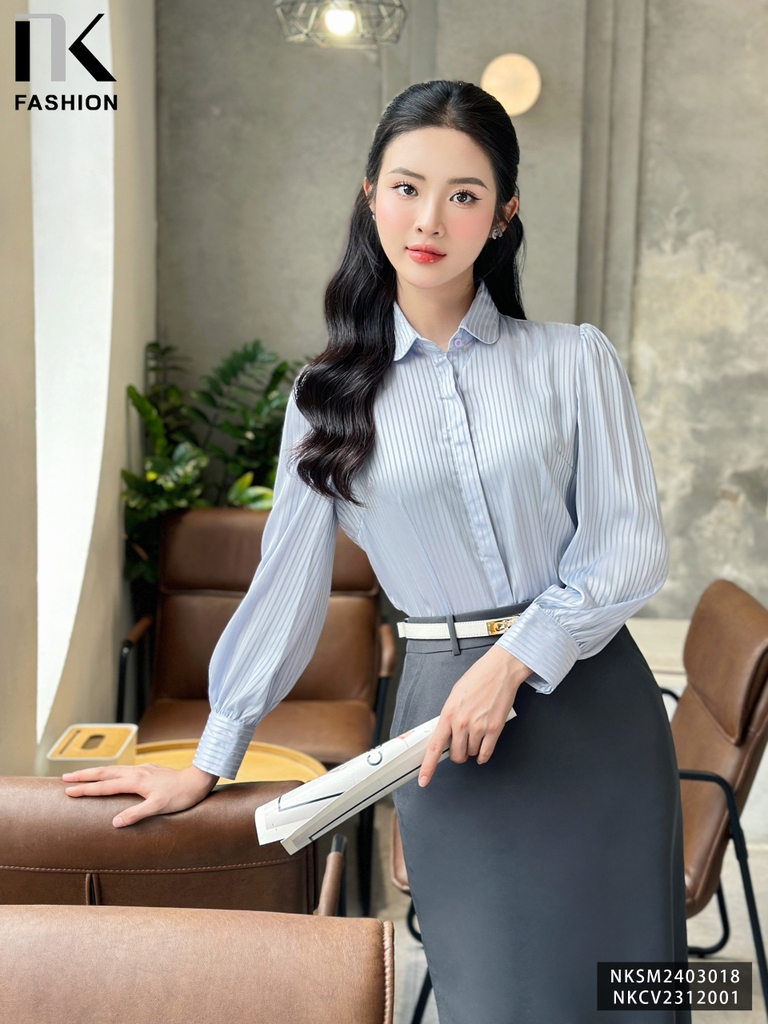 NK Fashion Áo Sơ Mi Lụa Sọc Cổ Sen Tay Bồng Sang Chảnh, Thanh Lịch NKSM2403018