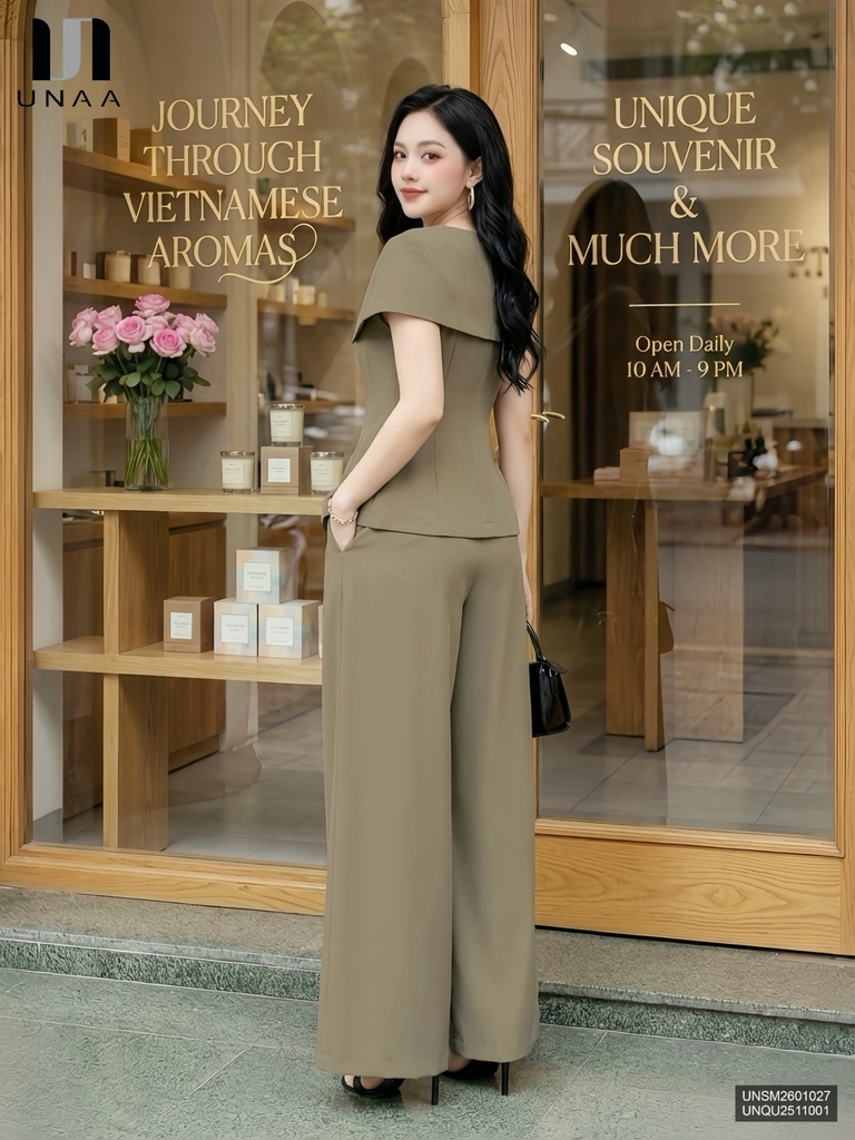 Sơ mi vai chờm cổ V lá mới lạ, sang trọng UNSM2601027