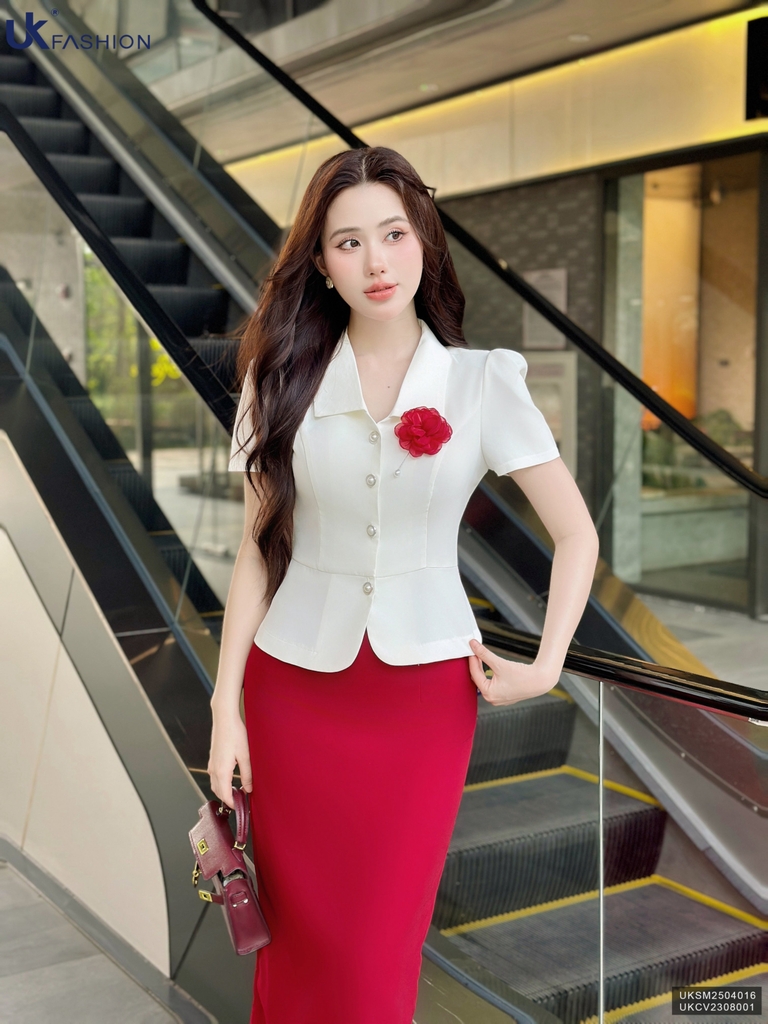 Sơ mi peplum cổ nhăn vạt trơn, dễ mặc, che khuyết điểm tốt UKSM2504016