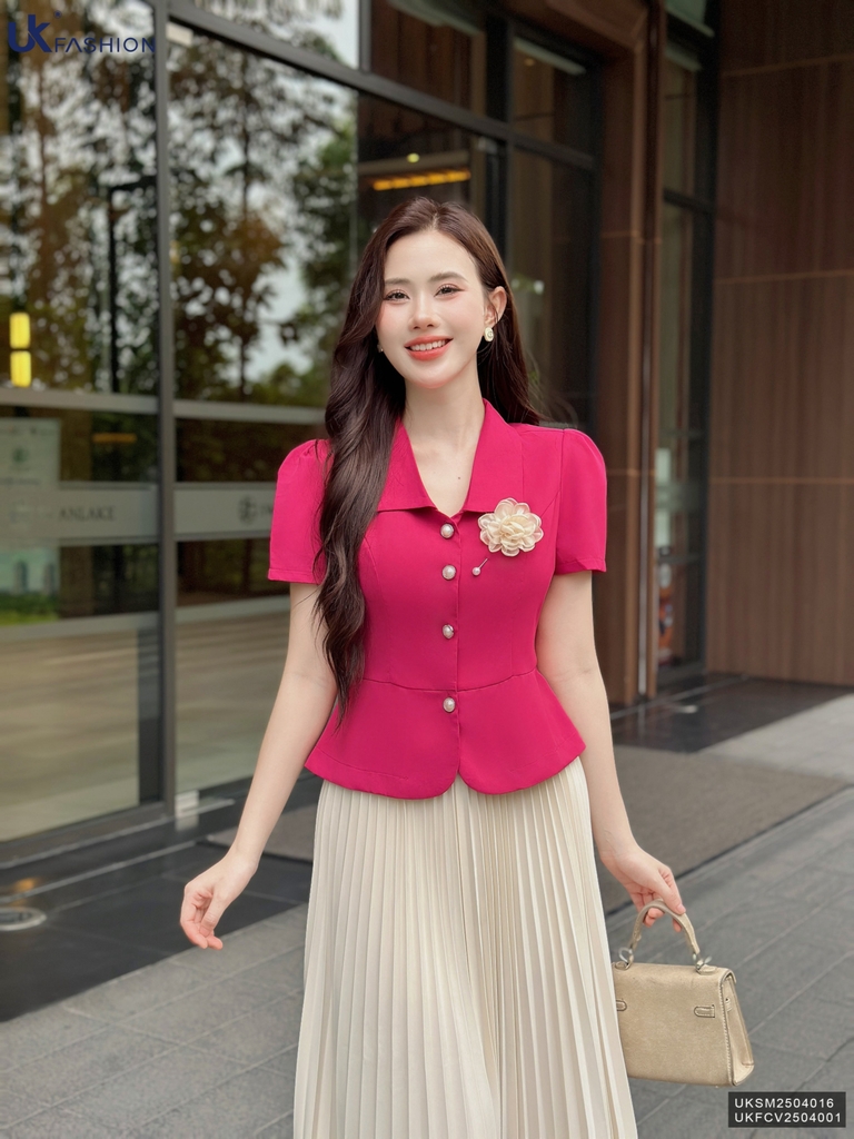Sơ mi peplum cổ nhăn vạt trơn, dễ mặc, che khuyết điểm tốt UKSM2504016