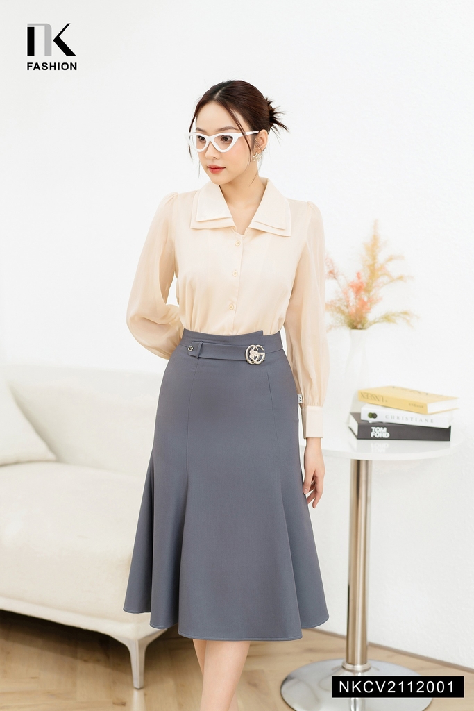 Chân Váy Nữ Công Sở NK Fashion  Dáng Dài Đuôi Cá Lệch Kèm Đai Eo, Chất Liệu Co Giãn Nhẹ NKCV2112001