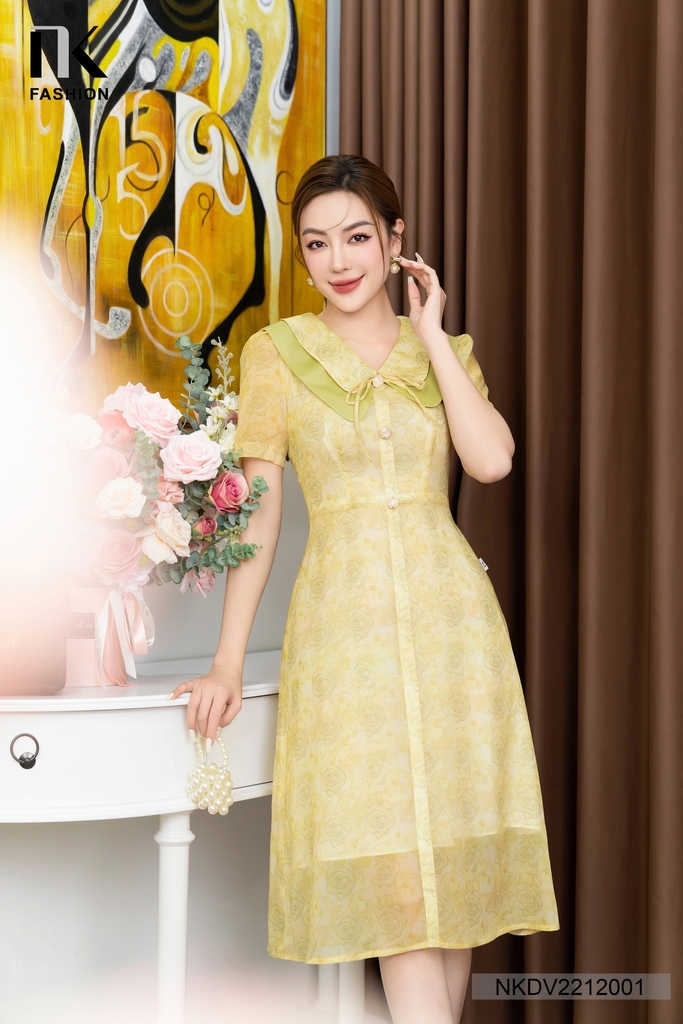 Đầm Tơ Hoa Xòe Cổ Kép Phối NK Fashion Chất Lụa Nhập Khẩu Từ Hàn Cao Cấp, Siêu Mềm Mại NKDV2212001