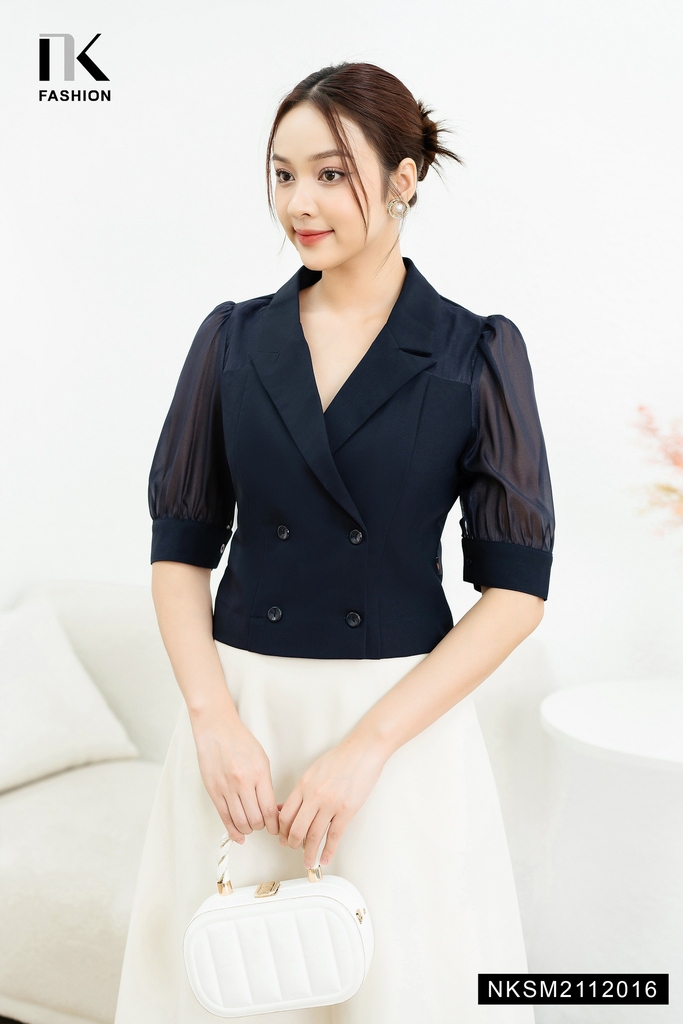 Áo Sơ Mi Cổ Vest Giao Cúc Phối Tơ Ánh  NKSM2112016