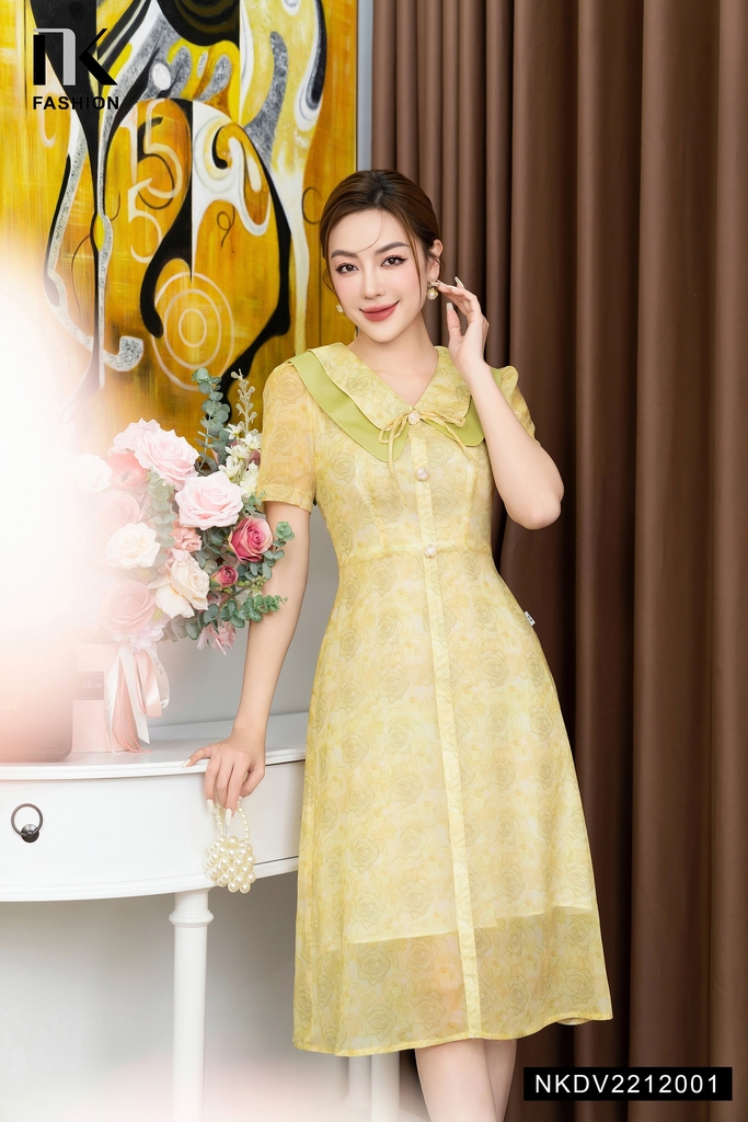 Đầm Tơ Hoa Xòe Cổ Kép Phối NK Fashion Chất Lụa Nhập Khẩu Từ Hàn Cao Cấp, Siêu Mềm Mại NKDV2212001