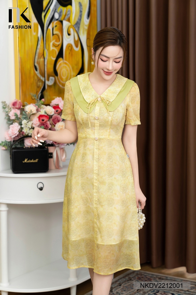 Đầm Tơ Hoa Xòe Cổ Kép Phối NK Fashion Chất Lụa Nhập Khẩu Từ Hàn Cao Cấp, Siêu Mềm Mại NKDV2212001