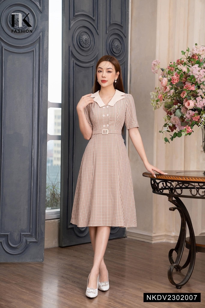 Đầm Kẻ Đai Bọc Phối Nữ Tính NKDV2302007