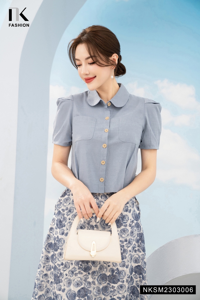 Áo Sơ Mi Cộc Tay Cổ Sen Túi Ngực NKSM2303006