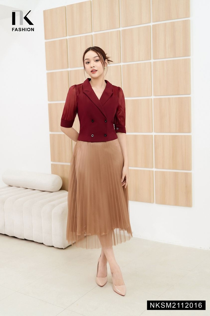 Áo Sơ Mi Cổ Vest Giao Cúc Phối Tơ Ánh  NKSM2112016