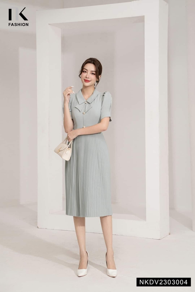 Đầm Dập Ly Cổ Sen Vạt Thương Hiệu NK - Fashion NKDV2303004