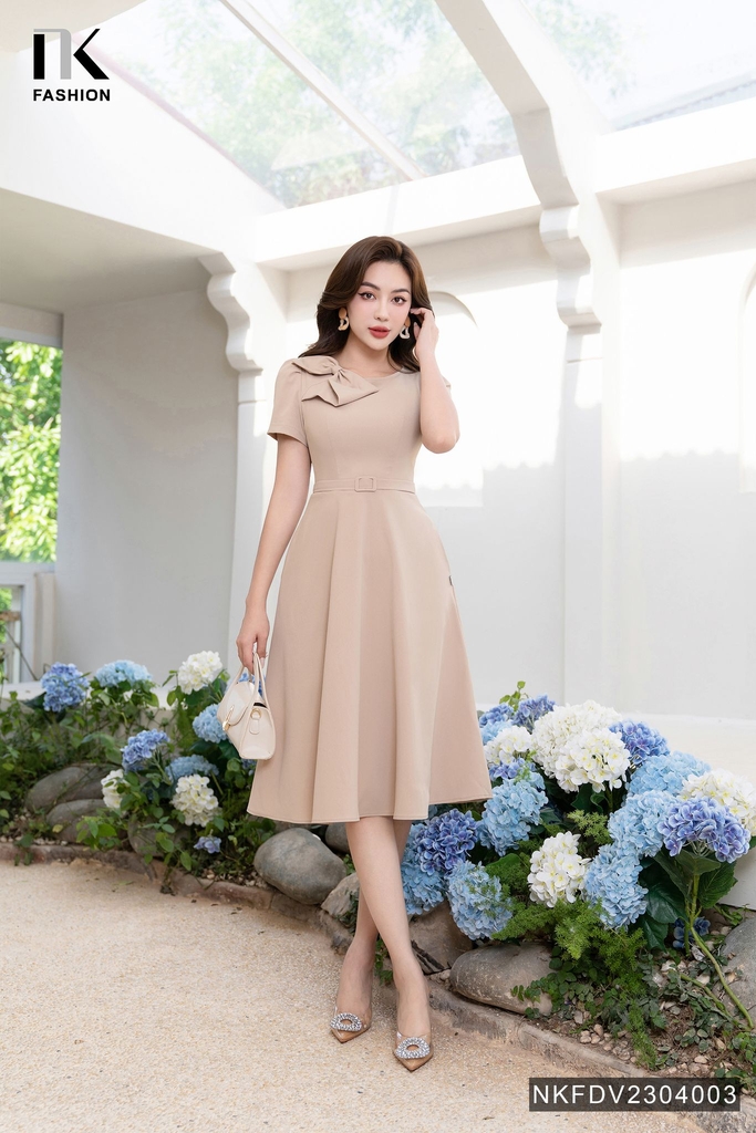 Đầm Xòe Nơ Cổ Đai Eo Thương Hiệu NK - Fashion NKFDV2304003