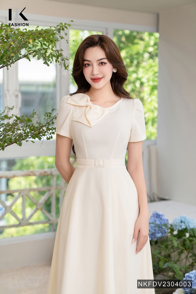 Đầm Xòe Nơ Cổ Đai Eo Thương Hiệu NK - Fashion NKFDV2304003