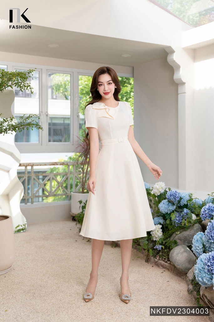 Đầm Xòe Nơ Cổ Đai Eo Thương Hiệu NK - Fashion NKFDV2304003