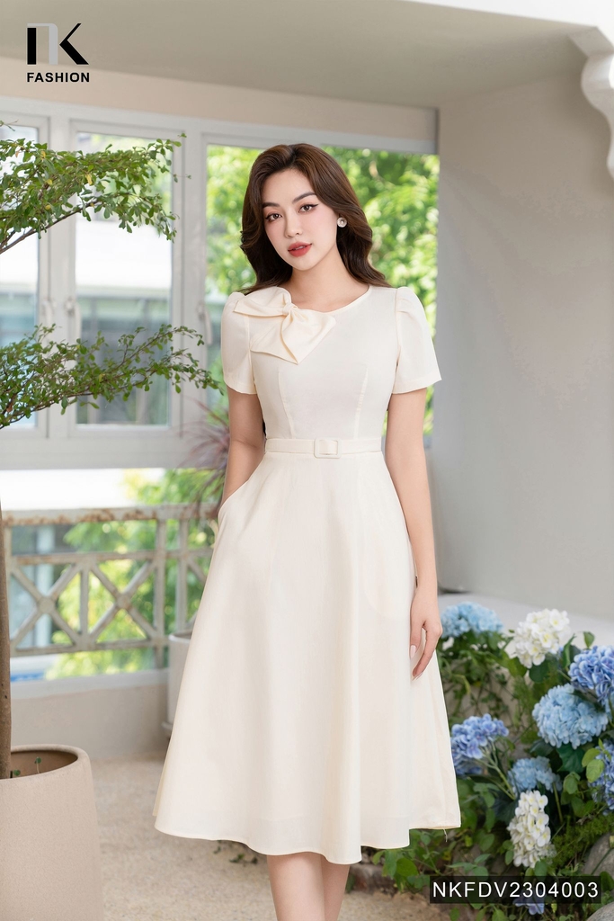 Đầm Xòe Nơ Cổ Đai Eo Thương Hiệu NK - Fashion NKFDV2304003