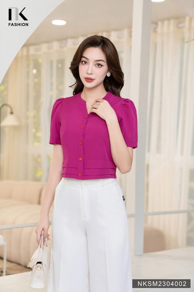 NK FASHION Áo Sơ Mi Cộc Tay Cổ Tàu Vê Xếp Eo NKSM2304002