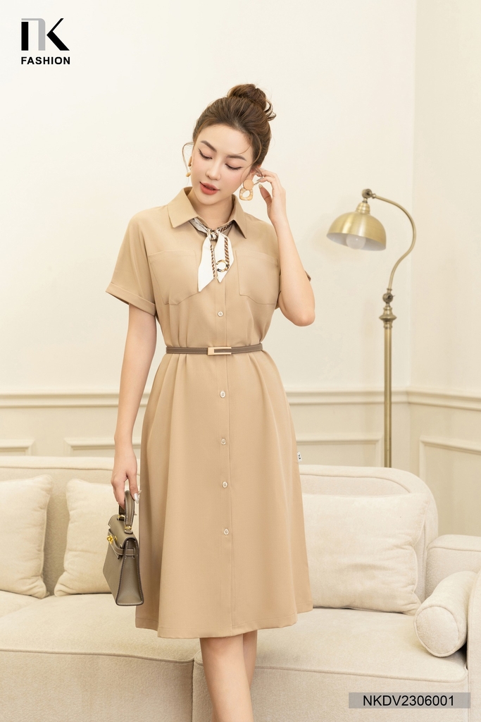 Đầm Cổ Đức 2 Túi Ngực Vai Chờm NK Fashion Thiết Kế Trẻ Trung, Thanh Lịch NKDV2306001