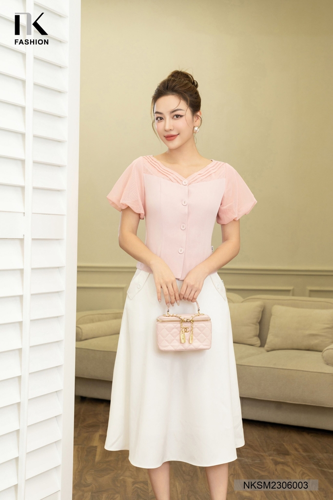 NK FASHION Áo Sơ Mi Dáng Ôm Phối Lưới Tay NKSM2306003
