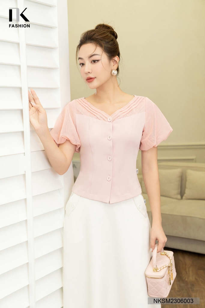 NK FASHION Áo Sơ Mi Dáng Ôm Phối Lưới Tay NKSM2306003